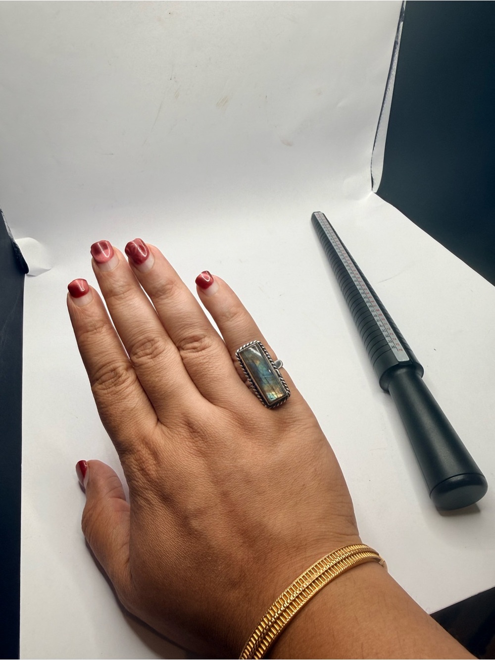 Sterling Silver Labradorite Rectangle Ring in Blue-Green Flash - Picture 6 of 6